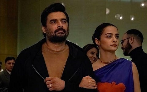 Actor R. Madhavan and Surveen Chawla in a still from 'Decoupled' (Photo | Neetflix)