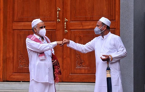 Muslim devotees greet each other after Eid al-Adha prayer in Kochi. (Photo | A Sanesh, EPS)