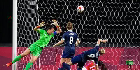 Britain's Ellen White (9) scores her side's opening goal against Chile during a women's soccer match at the 2020 Summer Olympics, Wednesday, July 21, 2021, in Sapporo, Japan. (Photo | AP)