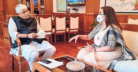 Mandya MP Sumalatha Ambareesh interacts with Jal Shakti Minister Gajendra Singh Shekhawat on Tuesday