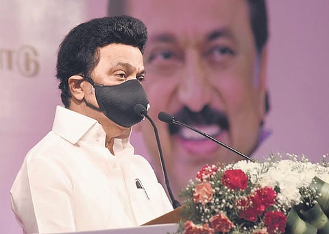 Chief Minister MK Stalin addressing the audience during the investment conclave meet July 2021 held at ITC Grand in Chennai on Tuesday | Ashwin Prasath