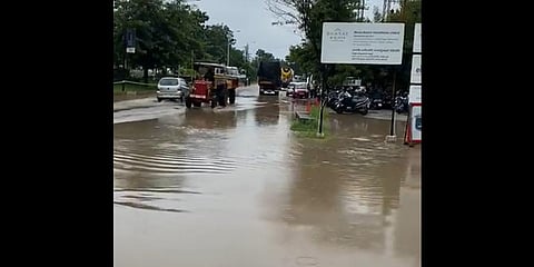 ​​​A waterlogged road in near Biotech Hub, Genome Valley, Hyderabad.