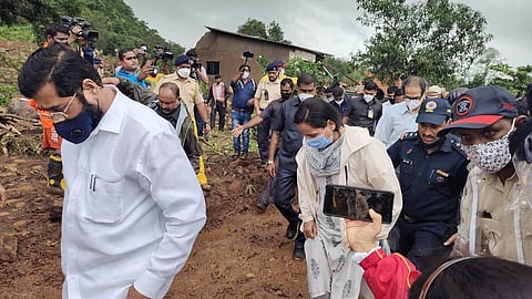 Maharashtra CM Uddhav Thackeray visits Taliye village of Mahad in Raigad to review the situation following incessant rain in the area. (Photo | Twitter/ANI)
