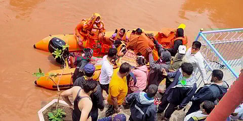 NDRF carry out rescue operation at the flood-affected Walwa town in Maharashtra's Sangli. (Photo | PTI)