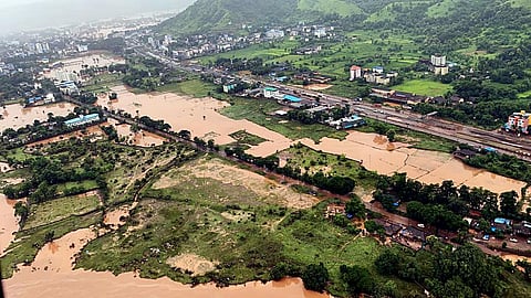 An aerial view of the flood-hit areas of Raigad. (Photo | ANI)