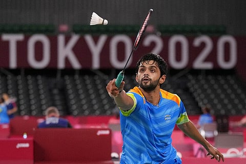 India's B. Sai Praneeth plays against Israel's Misha Zilberman during their men's singles badminton match at the 2020 Summer Olympics. (Photo | AP)