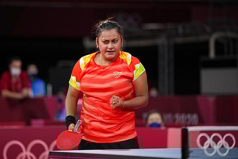 India's Sutirtha Mukherjee reacts during the table tennis women's singles first round match against Sweden's Linda Bergstroem at the 2020 Summer Olympics, July 24, 2021, in Tokyo. (Photo | AP)