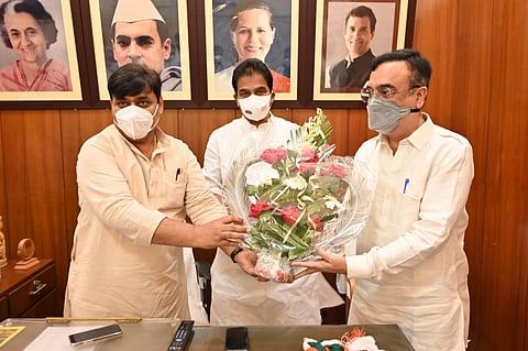 AICC general secretaries KC Venuopal and Ajay Maken at PCC office in Jaipur on Sunday. (Photo | Express)
