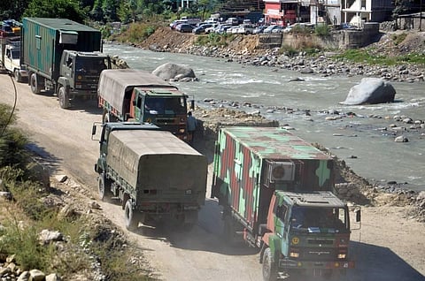 An army convoy carrying military material on its way to Ladakh amid border tension with China at Manali-Leh highway. (File photo | PTI)