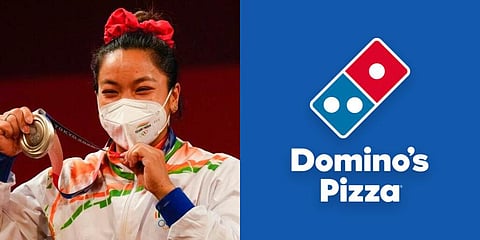Domino’s offered Tokyo Olympics silver medalist Mirabai Chanu Saikhom free pizzas for life. (Photo | AP and Twitter)