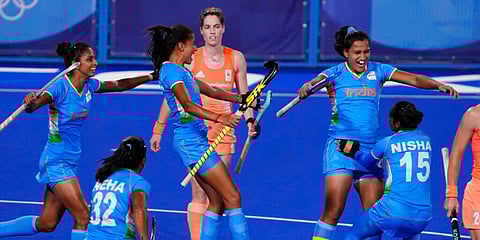India players celebrate after scoring against the Netherlands during a women's field hockey match at the 2020 Summer Olympics, Saturday, July 24, 2021, in Tokyo, Japan. (Photo | AP)