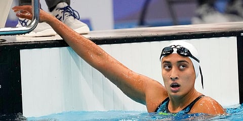 Maana Patel, of India, finishes a heat in the women's 100-meter backstroke at the 2020 Summer Olympics in Tokyo, Japan. (Photo | AP)