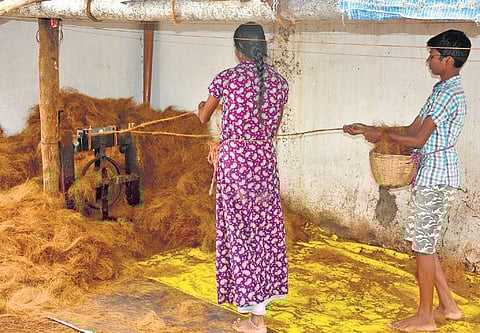 Women of Patrehalli village make coir ropes using a solar rope-making machine provided by SELCO
