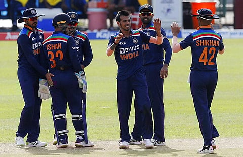 India's Yuzvendra Chahal, center, celebrates the wicket of Sri Lanka's Avishka Fernando during the first ODI in Colombo. (Photo | AP)