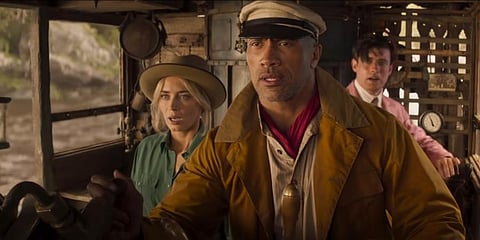 Emily Blunt (L), Dwayne Johnson (C) and Jack Whitehall in Jungle Cruise. (Photo | YouTube screengrab)