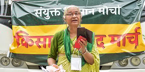 Social activist Medha Patkar during Kisan Sansad against Centre's farm reform laws at Jantar Mantar in New Delhi. (Photo| PTI)