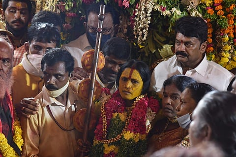 Oracle Swarnalatha during the Rangam (Bhavishyavaani) at Sri Ujjaini Mahankali temple in Secunderabad as part of Ashada Bonalu on Monday (Express Photo | Vinay Madapu)