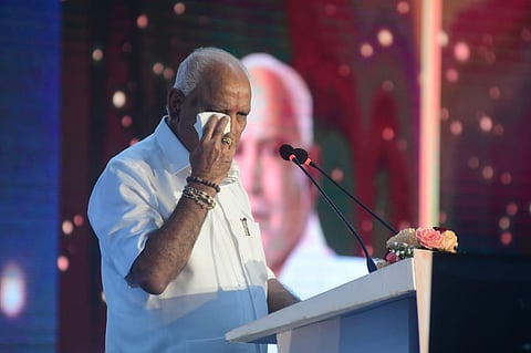BS Yediyurappa seen breaking down at Vidhana Soudha after he announced his resignation as CM. (Photo | Shriram BN, EPS)