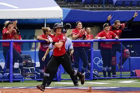 Canada's Erika Polidori scores during the second inning a softball game against Mexico at the 2020 Summer Olympics. (Photo | AP)