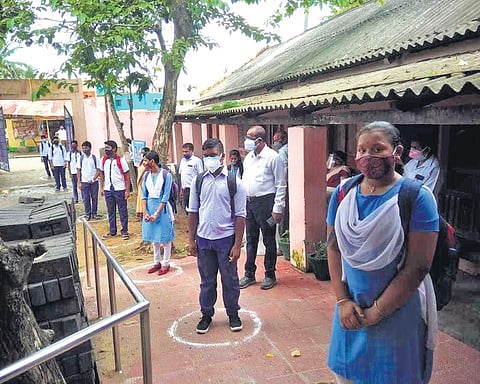 Students maintain social distance as schools reopen at Jagatsinghpur | Express