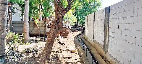 The nine-foot wall, built using bricks, surrounds farmlands of caste Hindus, near SC residential colonies at Rajiv Gandhi Nagar in Kal Kandarakottai | MK Ashok Kumar