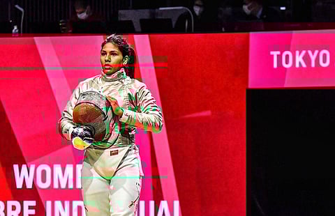 Indian fencer C A Bhavani Devi at Tokyo Olympics. (Photo | Twitter/@IamBhavaniDevi)