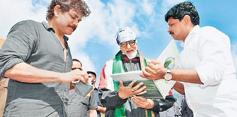 Amitabh Bachchan planting a sapling in Ramoji Film City. (Photo | Express)