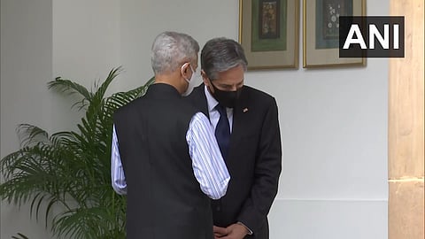 US Secretary of State Antony Blinken meets External Affairs Minister S Jaishankar in New Delhi on Wednesday. (Photo | Twitter/ANI)