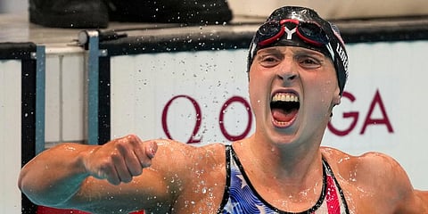 Katie Ledecky, of the United States, reacts after winning the women's 1500-meters freestyle final at the 2020 Summer Olympics in Tokyo, Japan. (Photo | AP)