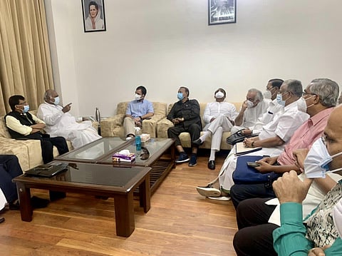 Opposition party leaders meet at the chamber of the Leader of Opposition in the Rajya Sabha Mallikarjun Kharge. (Photo | Twitter)
