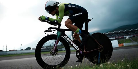 Primoz Roglic of Slovenia competes during the men's cycling individual time trial at the 2020 Summer Olympics in Oyama, Japan. (Photo | AP)