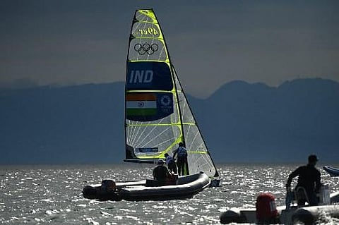 India's Varun Thakkar and India's Ganapathy Kelapanda waits for the wind to pick up ahead of the men's skiff 49er race 1 during the Tokyo 2020 Olympic Games sailing competition. (Photo | AFP)