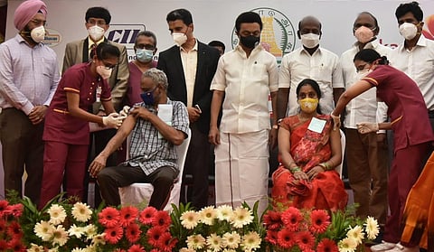 Chief Minister MK Stalin launches the free Covid vaccination camp at Kauvery Hospital in association with CII on Wednesday in Chennai (Express Photo | P Jawahar)