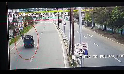 The CCTV footage from Wednesday morning when ADJ Uttam Anand was hit from behind by a stolen autorickshaw. (Screengrab)