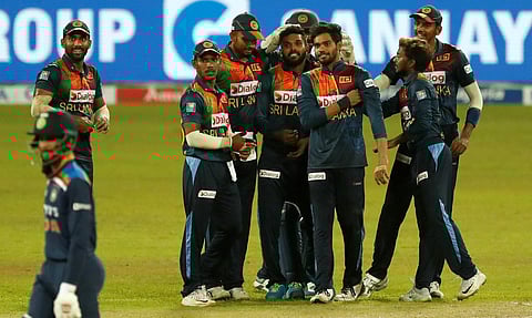Sri Lankan players celebrate a dismissal during third T20 match against India in Colombo, Sri Lanka, Thursday, July 29, 2021. (Photo | PTI)