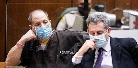 Harvey Weinstein, left, the 69-year-old convicted rapist and disgraced movie mogul, listens alongside Mark Werksman, one of his attorneys, during a pre-trial hearing in Los Angeles. (Photo | AP)