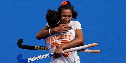 India forward Rani Rampal, facing camera, embraces forward Navneet Kaur (25) after latter scored against Ireland during a women's hockey match at the 2020 Summer Olympics in Tokyo. (Photo | AP)