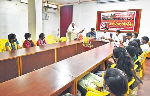 Students hold a meeting regarding the alleged closure of Kamala Nehru Polytechnic College For Women in Hyderabad. (File photo |  S Senbagapandiyan, EPS)