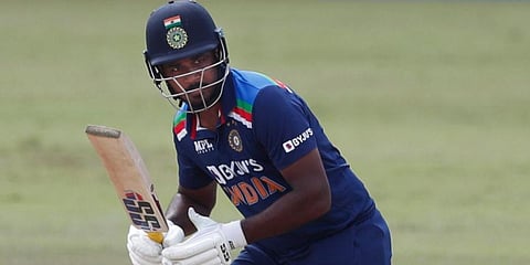 Sanju Samson plays a shot during the third one-day international cricket match between Sri Lanka and India in Colombo. (Photo | AP)