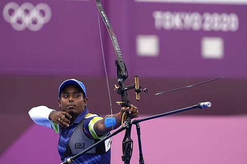 India's Atanu Das shoots an arrow during the men's individual eliminations at the 2020 Summer Olympics. (Photo | AP)