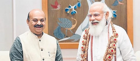 Basavaraj Bommai with Prime Minister Narendra Modi on Friday during his maiden visit to New Delhi after assuming charge as Karnataka Chief Minister