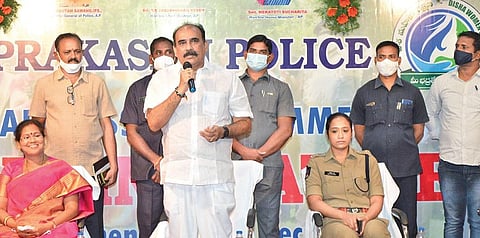 Andhra Pradesh Minister for Power, Forests, Science & Technology and Environment Balineni and SP Mallika Garg at a Disha App awareness function. (Photo | Express)