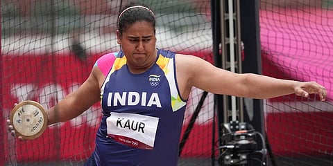 Kamalpreet Kaur, of India, competes during the qualification round of the women's discus throw at the 2020 Summer Olympics in Tokyo. (Photo | AP)