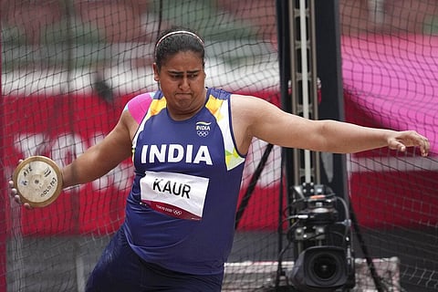 Kamalpreet Kaur, of India, competes during the qualification round of the women's discus throw at the 2020 Summer Olympics. (Photo | AP)