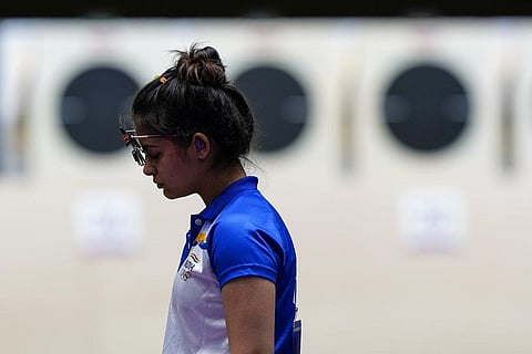 Manu Bhaker, of India, competes in the women's 25-meter pistol at the Asaka Shooting Range in the 2020 Summer Olympics. (Photo | AP)