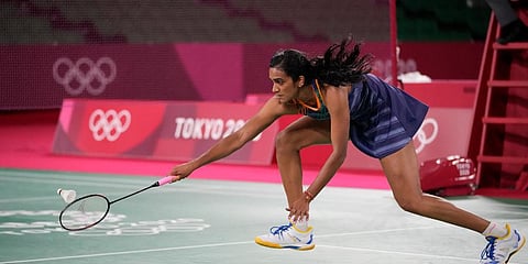 India's PV Sindhu competes against Taiwan's Tai Tzu-Ying during their women's singles badminton semifinal match at the 2020 Summer Olympics in Tokyo, Japan. (Photo | AP)