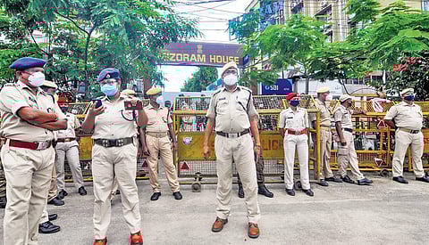 Assam security personnel stand vigil outside Mizoram House after Monday’s inter-state border clash in Guwahati | PTITI