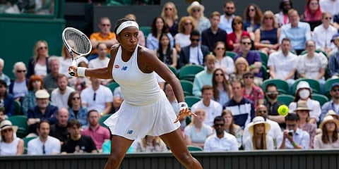 Coco Gauff of the US plays a return to Slovenia's Kaja Juvan during the women's singles third round match at the Wimbledon Tennis Championships in London, Saturday July 3, 2021. (Photo | AP)