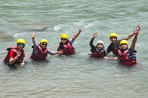 Tourists during a water sport in Beas river in Manali, Sunday, July 4, 2021. (Photo | PTI)