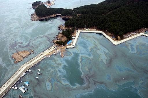 South Korea 2007 oil spill: An estimated 10,500 tons, or 2.8 million gallons, of crude oil leaked into the Yellow Sea in December 2007 when a barge punched three holes into a Hong Kong-registered oil tanker in bad weather. Around 7,000 civilians were reportedly involved in the cleanup efforts. Villagers struggled with nausea and headache, and the nearby fish farms, and oyster and abalone beds were destroyed by the oil sludge. (Photo | AFP)